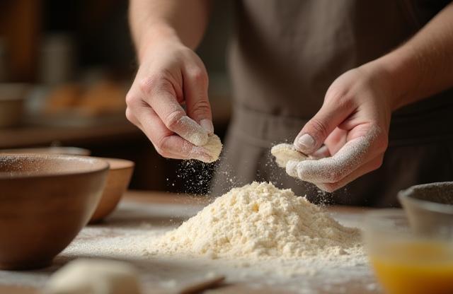 Baker carefully working with ingredients in the kitchen.