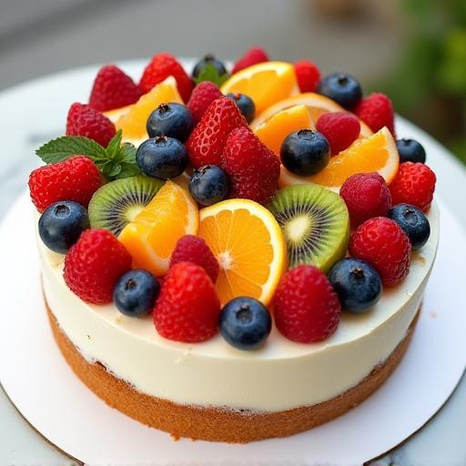 Cake decorated with fresh fruits.