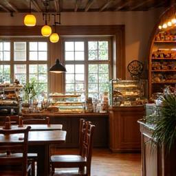 Interior of a cozy bakery cafe.