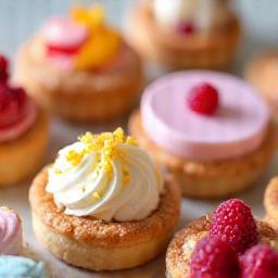 Collection of colorful pastries and small cakes.